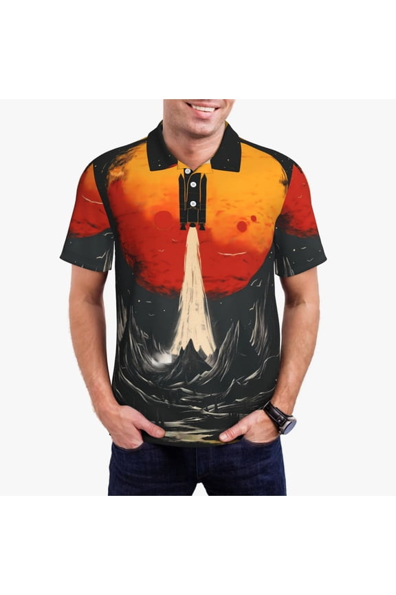 Retro Space Rocket Launch Print Men's Quick-drying POLO Shirt, Button-down Summer T-shirt, Suitable for Work and Outdoor Activities-Small