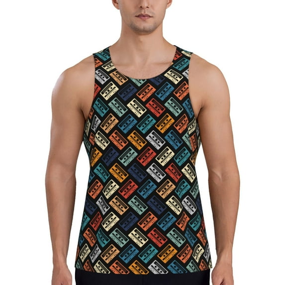 Gukieu Retro Tape Print Men's Quick Dry Fitness Vest, Round Neck Sleeveless Fitness Bodybuilding Top-4X-Large