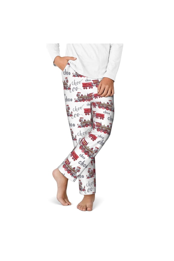Retro Train Print Youth Home Trousers, Elastic Waistband with Pockets for Home and Outing, Suitable for Children Aged 5-16-Small