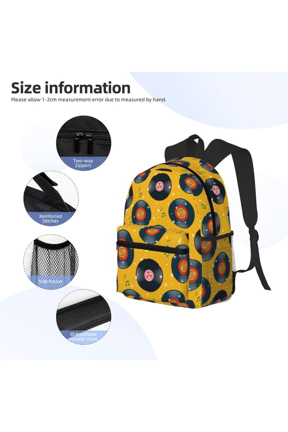 Retro Vinyl Records Print Backpack, Waterproof Backpack with Adjustable Shoulder Straps, Suitable for Campus, Business, Travel, Unisex