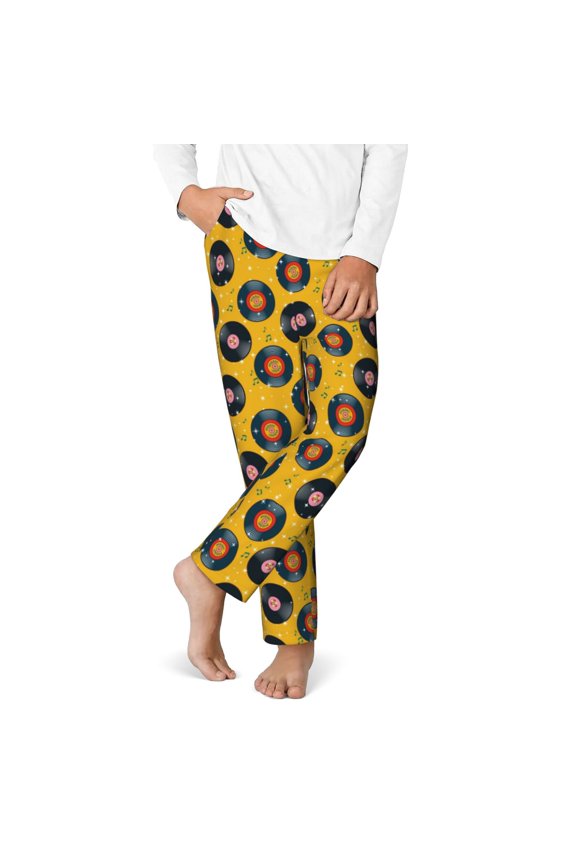 Retro Vinyl Records Print Youth Home Trousers, Elastic Waistband with Pockets for Home and Outing, Suitable for Children Aged 5-16-XS(5-6)
