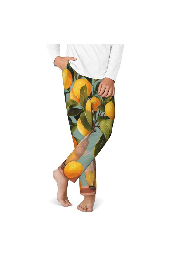Retro Warm Lemon Flower Print Youth Home Trousers, Elastic Waistband with Pockets for Home and Outing, Suitable for Children Aged 5-16-XS(5-6)