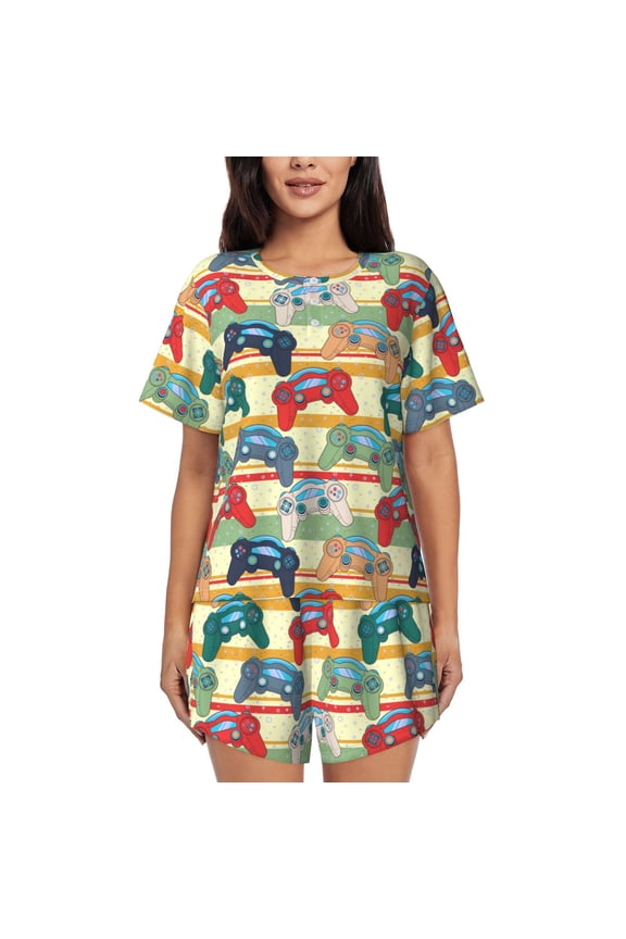 Retro With Joysticks Print Women's Short-sleeved Pajama Set, Round Neck Button Top Elastic Shorts 2-piece Set, Summer Home Leisure Clothing-