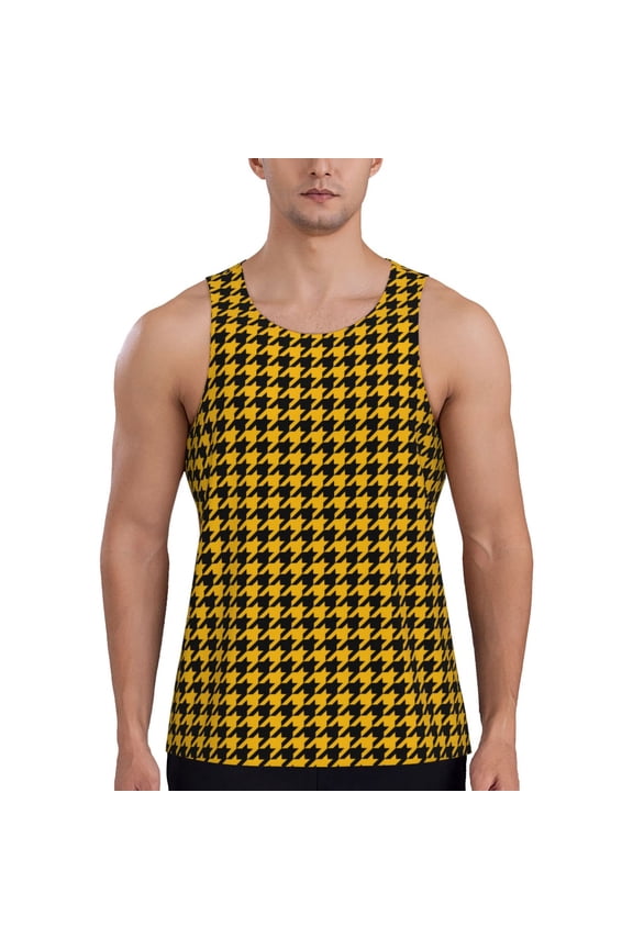 Retro Yellow and Black Houndstooth Print Men's Quick Dry Fitness Vest, Round Neck Sleeveless Fitness Bodybuilding Top-3X-Large