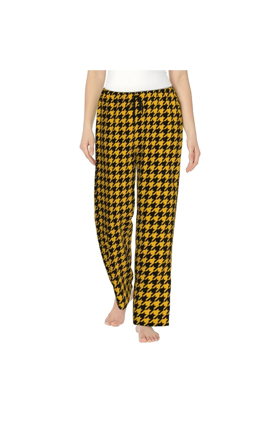 Retro Yellow and Black Houndstooth Print Women's Home Trousers, with Pockets and Drawstring Pajamas, Home Pajamas, Sleepwear-Small