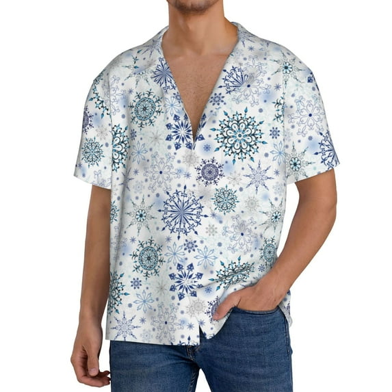 Gukieu Retro ice blue snowflakes Print Men's Short-sleeved Shirts, Button-down Pocket Shirts, T-shirts, Beach Vacation Travel Summer Clothing-XX-Large