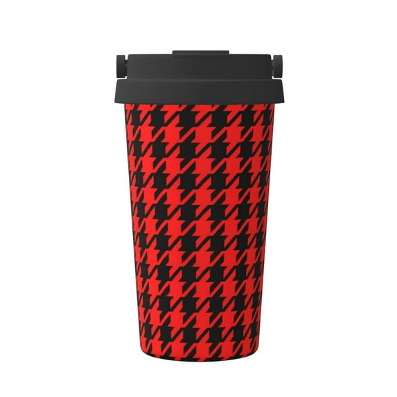 Gukieu Retro red and Black Houndstooth Print Insulated Coffee Cup, Portable Stainless Steel Vacuum Cup with Lid, Unisex, Suitable for Office, Cafe, Car