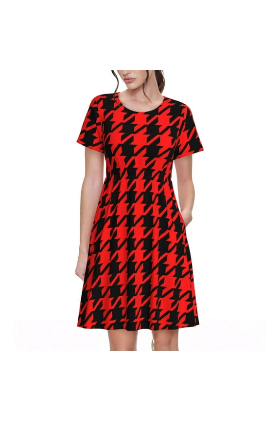Retro red and Black Houndstooth Print Women's Short Sleeve Dress, Elastic Waistband A-line with Pockets Summer Dress, Suitable for Daily Leisure, Work, Vacation