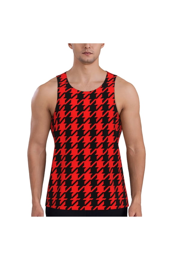 Retro red and Black Houndstooth Print Men's Quick Dry Fitness Vest, Round Neck Sleeveless Fitness Bodybuilding Top-Large