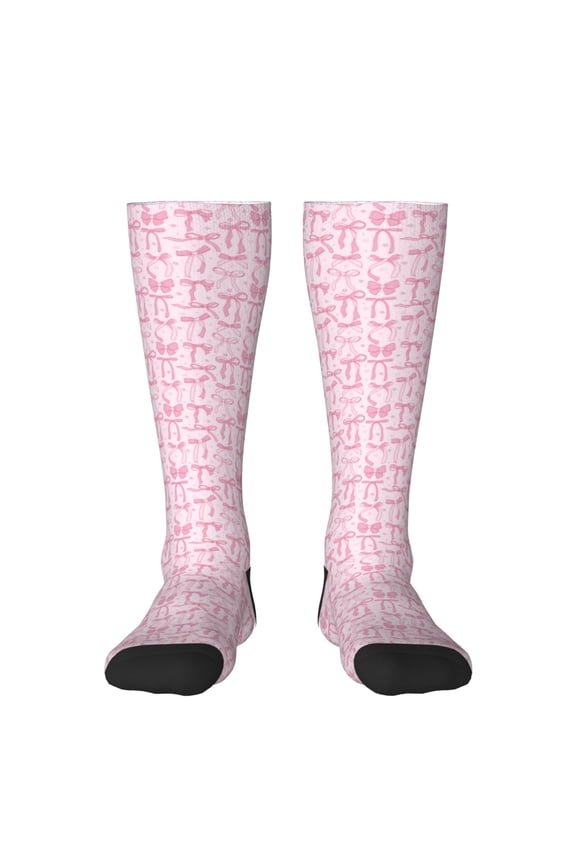Ribbon Bow Print Contrast Color Stockings, Elastic Sports Socks Warm Socks Clothing Accessories, Adult Unisex