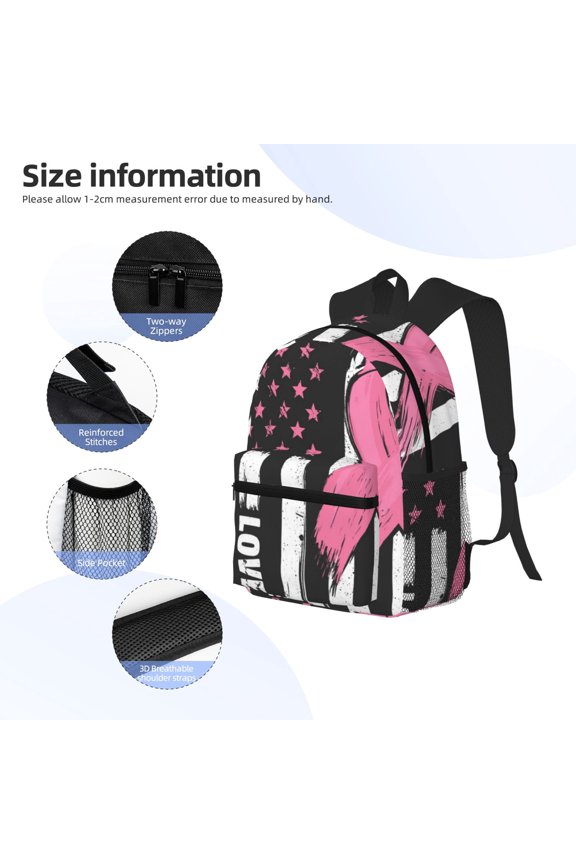 Ribbon Breast Cancer Awareness Print Backpack, Waterproof Backpack with Adjustable Shoulder Straps, Suitable for Campus, Business, Travel, Unisex