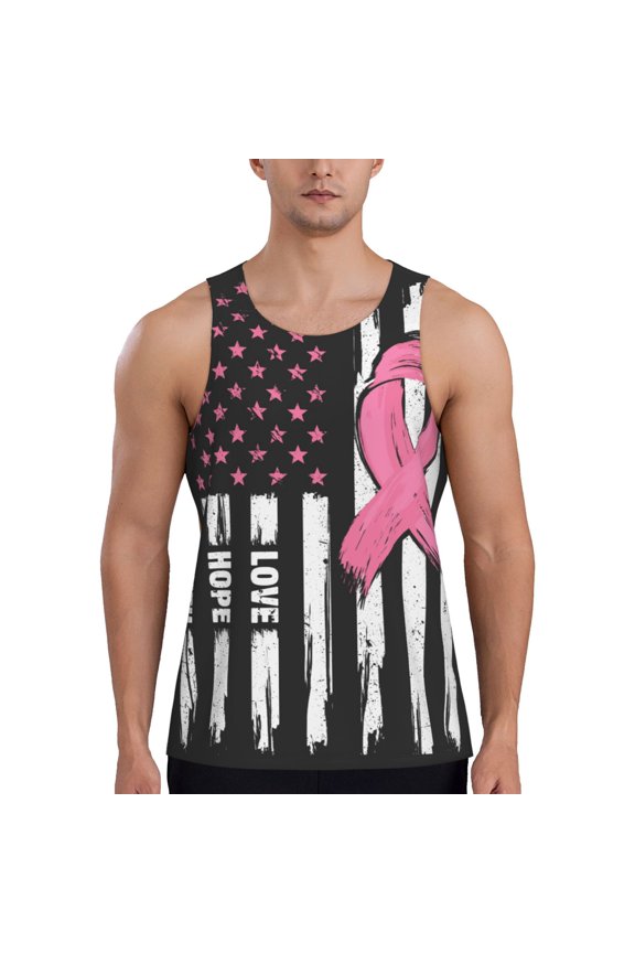 Ribbon Breast Cancer Awareness Print Men's Quick Dry Fitness Vest, Round Neck Sleeveless Fitness Bodybuilding Top-Medium