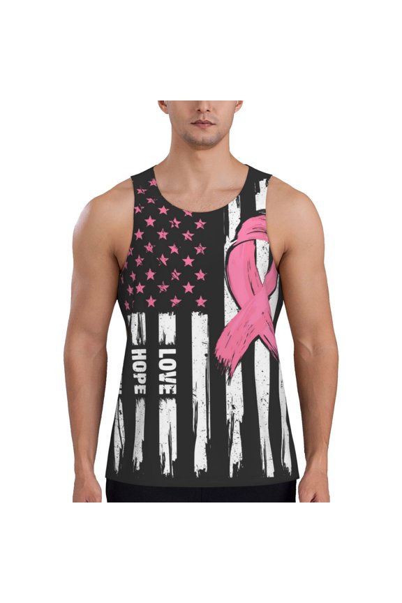 Ribbon Breast Cancer Awareness Print Men's Quick Dry Fitness Vest, Round Neck Sleeveless Fitness Bodybuilding Top-Small