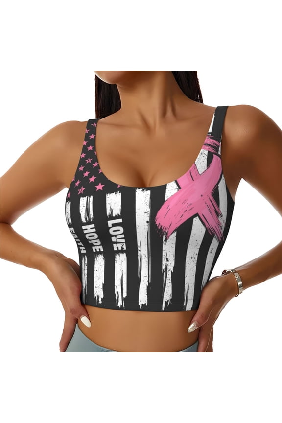 Ribbon Breast Cancer Awareness Print Women's Sports Vest, Low-neck U-shaped Removable Pad Sports Bra for Yoga, Exercise, Dance-X-Large