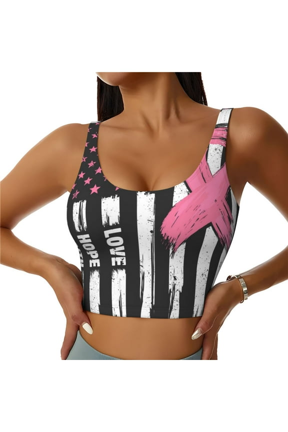 Ribbon Breast Cancer Awareness Print Women's Sports Vest, Low-neck U-shaped Removable Pad Sports Bra for Yoga, Exercise, Dance-XX-Large