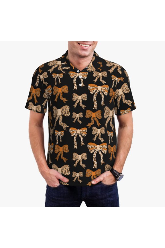 Ribbon bows with leopard Print Men's Quick-drying POLO Shirt, Button-down Summer T-shirt, Suitable for Work and Outdoor Activities-Large