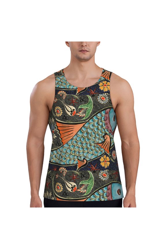 Rich Fish Print Men's Quick Dry Fitness Vest, Round Neck Sleeveless Fitness Bodybuilding Top-Medium