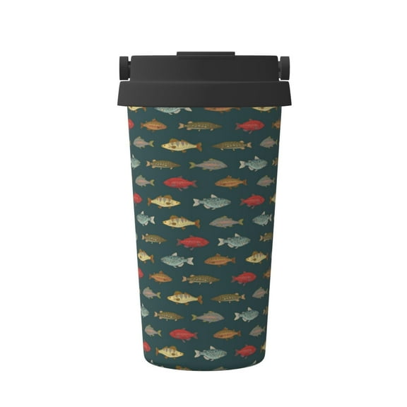 Gukieu River Freshwater Fish Print Insulated Coffee Cup, Portable Stainless Steel Vacuum Cup with Lid, Unisex, Suitable for Office, Cafe, Car