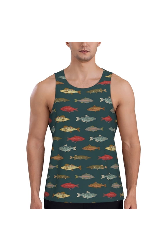 River Freshwater Fish Print Men's Quick Dry Fitness Vest, Round Neck Sleeveless Fitness Bodybuilding Top-X-Large