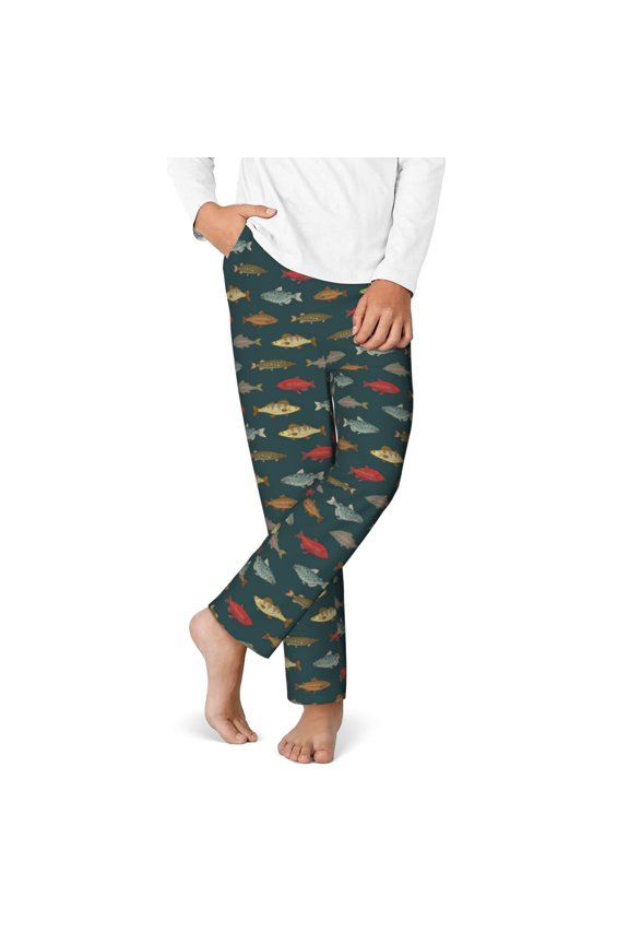 River Freshwater Fish Print Youth Home Trousers, Elastic Waistband with Pockets for Home and Outing, Suitable for Children Aged 5-16-Medium