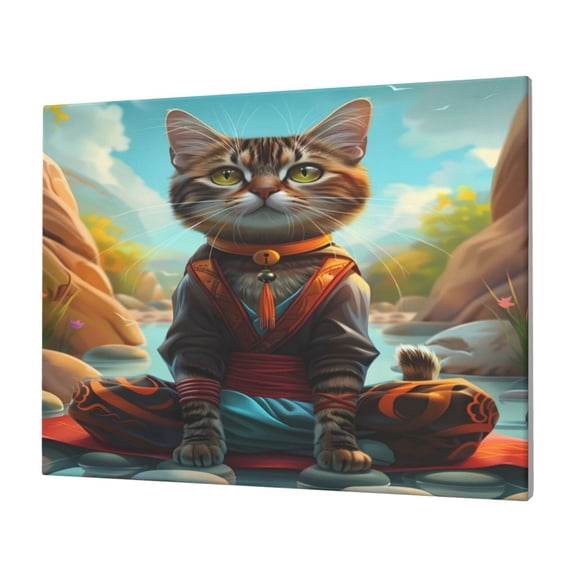 Gukieu Riverside Meditating Cat Print Horizontal Canvas Decorative Painting 12x16 Inch Shrinkage Resistant Frame Hanging Home Wall Art Decor