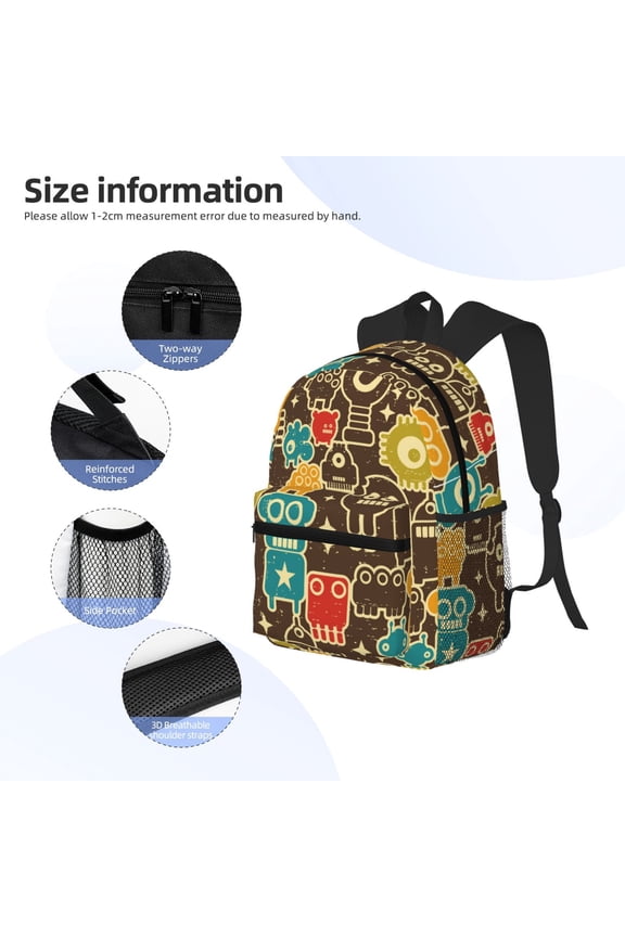 Robot and Monsters Print Backpack, Waterproof Backpack with Adjustable Shoulder Straps, Suitable for Campus, Business, Travel, Unisex