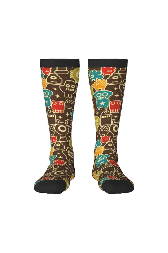 Robot and Monsters Print Contrast Color Stockings, Elastic Sports Socks Warm Socks Clothing Accessories, Adult Unisex