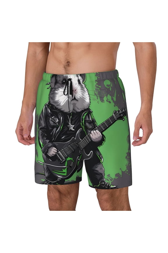 Rock Guitar Guinea Pig Print Men's Double Layer Sports Swim Trunks, Quick Dry Adjustable Waist Swim Shorts Swimwear-Large