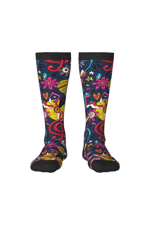 Rock Music Print Contrast Color Stockings, Elastic Sports Socks Warm Socks Clothing Accessories, Adult Unisex