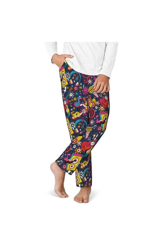 Rock Music Print Youth Home Trousers, Elastic Waistband with Pockets for Home and Outing, Suitable for Children Aged 5-16-XS(5-6)