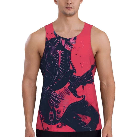 Gukieu Rock Skull Guitarist Print Men's Quick Dry Fitness Vest, Round Neck Sleeveless Fitness Bodybuilding Top-XX-Large
