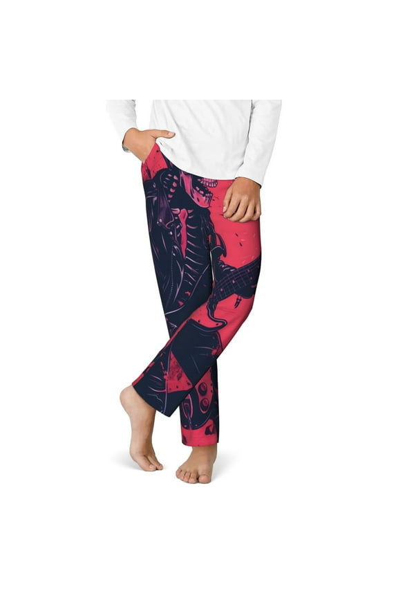 Rock Skull Guitarist Print Youth Home Trousers, Elastic Waistband with Pockets for Home and Outing, Suitable for Children Aged 5-16-XS(5-6)