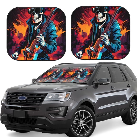 Gukieu Rock Skull Singer Print Car Windshield Sun Visor, Foldable Anti-UV Car Sun Visor Suitable for Vans, Trucks Car Accessories-Small