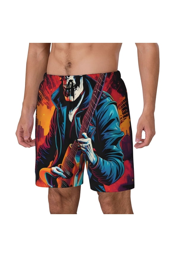 Rock Skull Singer Print Men's Double Layer Sports Swim Trunks, Quick Dry Adjustable Waist Swim Shorts Swimwear-Medium