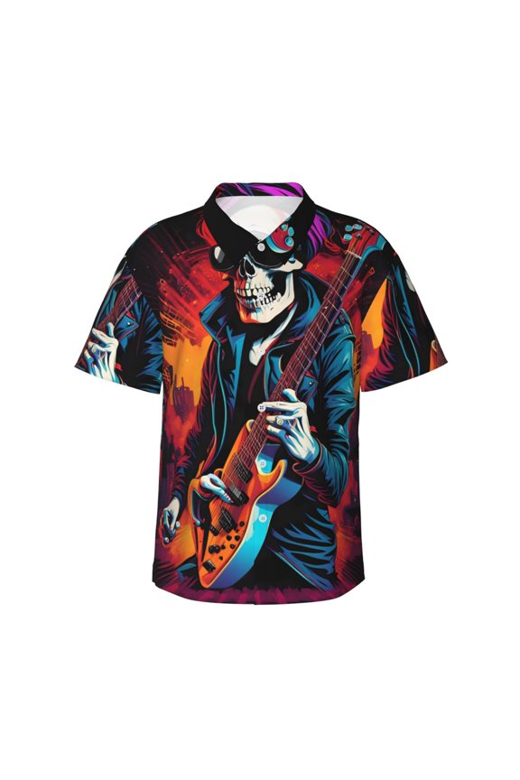 Rock Skull Singer Print Men's Short-sleeved Shirts, Button-down Lapel Hawaiian Shirts, T-shirts, Beach Vacation Summer Casual Wear,Medium