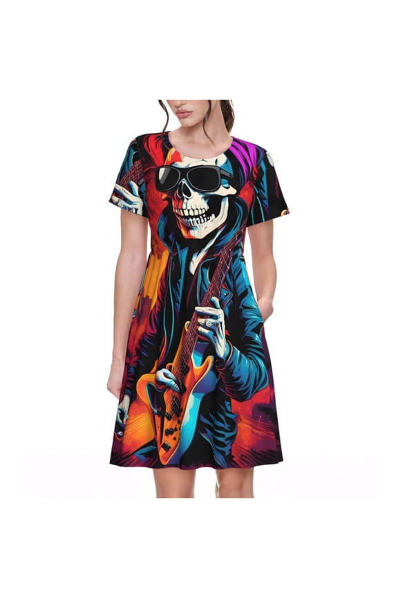Rock Skull Singer Print Women's Short Sleeve Dress, Elastic Waistband A-line with Pockets Summer Dress, Suitable for Daily Leisure, Work, Vacation