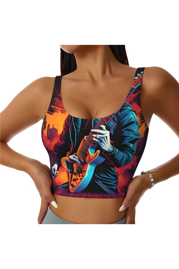 Rock Skull Singer Print Women's Sports Vest, Low-neck U-shaped Removable Pad Sports Bra for Yoga, Exercise, Dance-Large