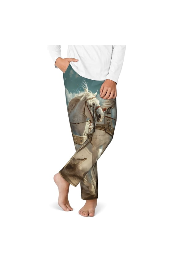 Roman Chariot Horse Race Print Youth Home Trousers, Elastic Waistband with Pockets for Home and Outing, Suitable for Children Aged 5-16-Large