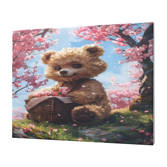 Gukieu Romantic Floral Bear Print Horizontal Canvas Decorative Painting 12x16 Inch Shrinkage Resistant Frame Hanging Home Wall Art Decor