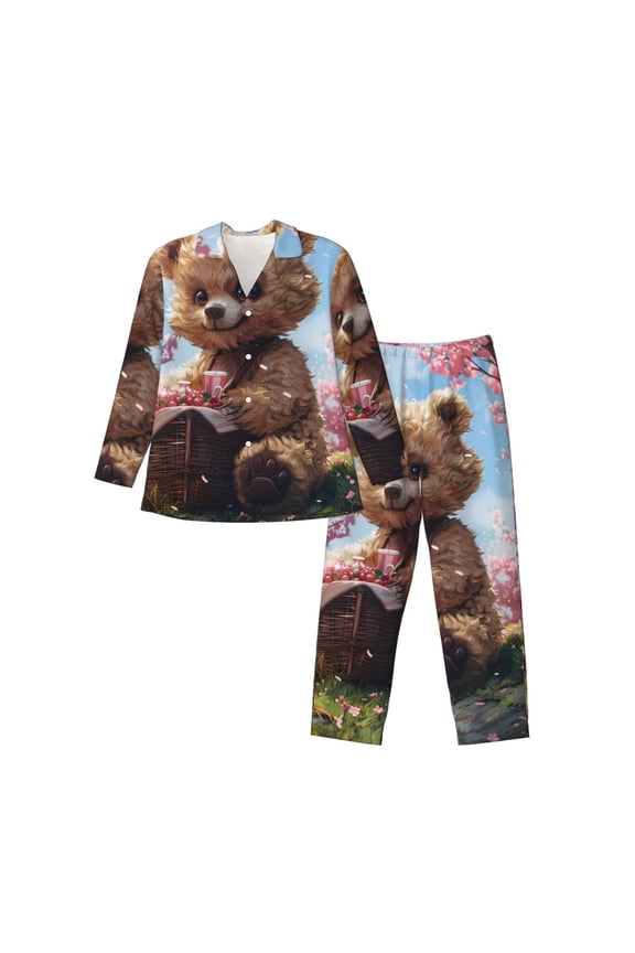 Romantic Floral Bear Print Men's Long-sleeved Pajamas Set, Elastic Waist Pajamas Button-down Pajamas Two-piece Set, Suitable for Adult Male Home Wear-Large