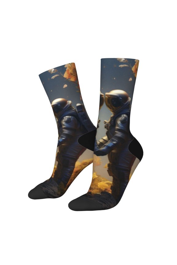 Romantic Flower Astronaut Couple Print Contrast Color Mid-calf Socks, Sweat-wicking Athletic Socks, Unisex Clothing Accessories