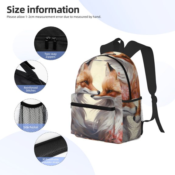 Gukieu Romantic Flower Fox Print Backpack, Waterproof Backpack with Adjustable Shoulder Straps, Suitable for Campus, Business, Travel, Unisex