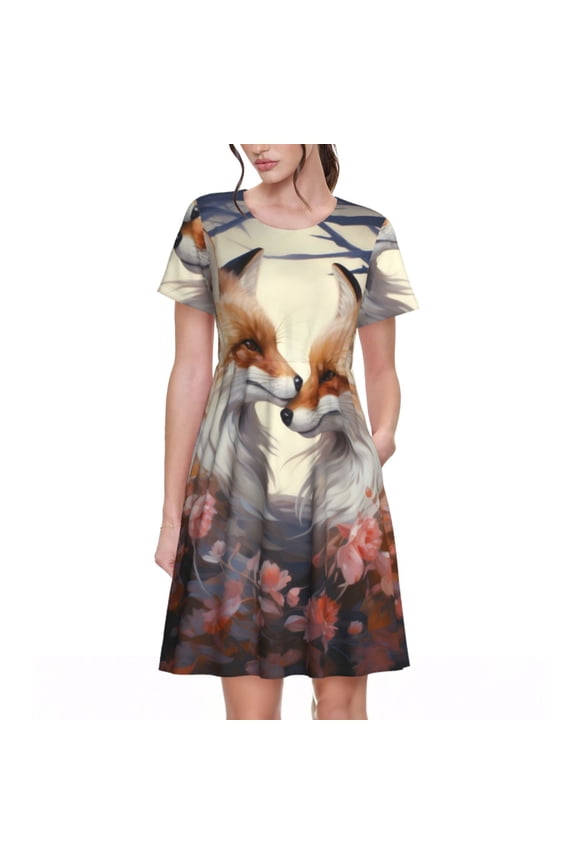 Romantic Flower Fox Print Women's Short Sleeve Dress, Elastic Waistband A-line with Pockets Summer Dress, Suitable for Daily Leisure, Work, Vacation