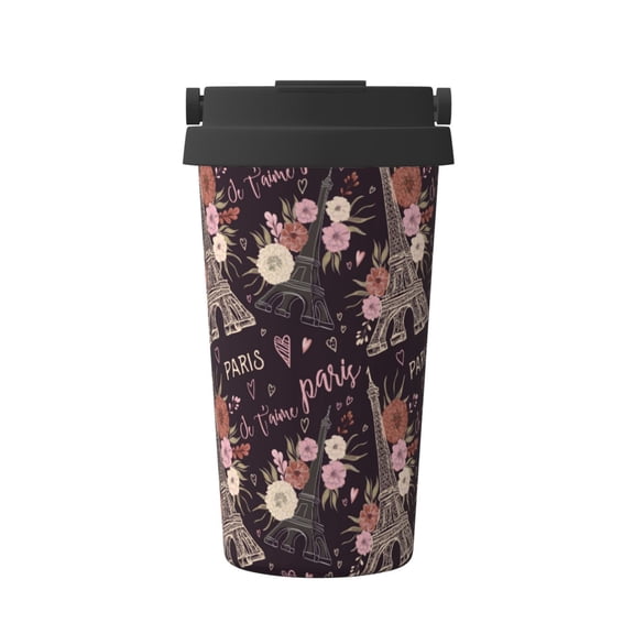 Gukieu Romantic Paris Print Insulated Coffee Cup, Portable Stainless Steel Vacuum Cup with Lid, Unisex, Suitable for Office, Cafe, Car