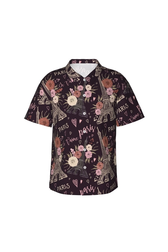 Romantic Paris Print Men's Short-sleeved Shirts, Button-down Lapel Hawaiian Shirts, T-shirts, Beach Vacation Summer Casual Wear,Large