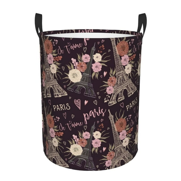 Gukieu Romantic Paris Print Round Dirty Clothes Bag, Waterproof Standing Home Bathroom Storage Basket Car Trunk Storage Bag-Small
