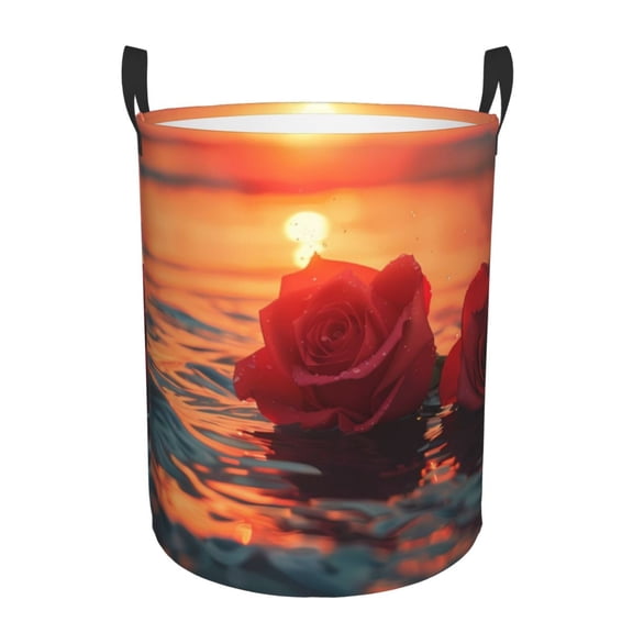 Gukieu Romantic Roses Sunset Ocean Print Round Dirty Clothes Bag, Waterproof Standing Home Bathroom Storage Basket Car Trunk Storage Bag-Small