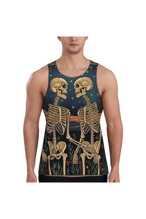 Romantic Skeletons Under Moon Print Men's Quick Dry Fitness Vest, Round Neck Sleeveless Fitness Bodybuilding Top-Small