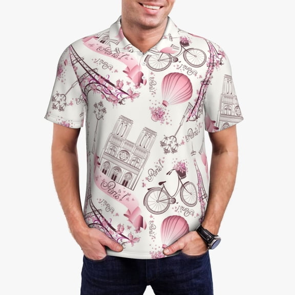 Gukieu Romantic Travel In Paris Print Men's Quick-drying POLO Shirt, Button-down Summer T-shirt, Suitable for Work and Outdoor Activities-4X-Large