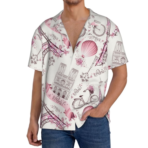 Gukieu Romantic Travel In Paris Print Men's Short-sleeved Shirts, Button-down Pocket Shirts, T-shirts, Beach Vacation Travel Summer Clothing-4X-Large